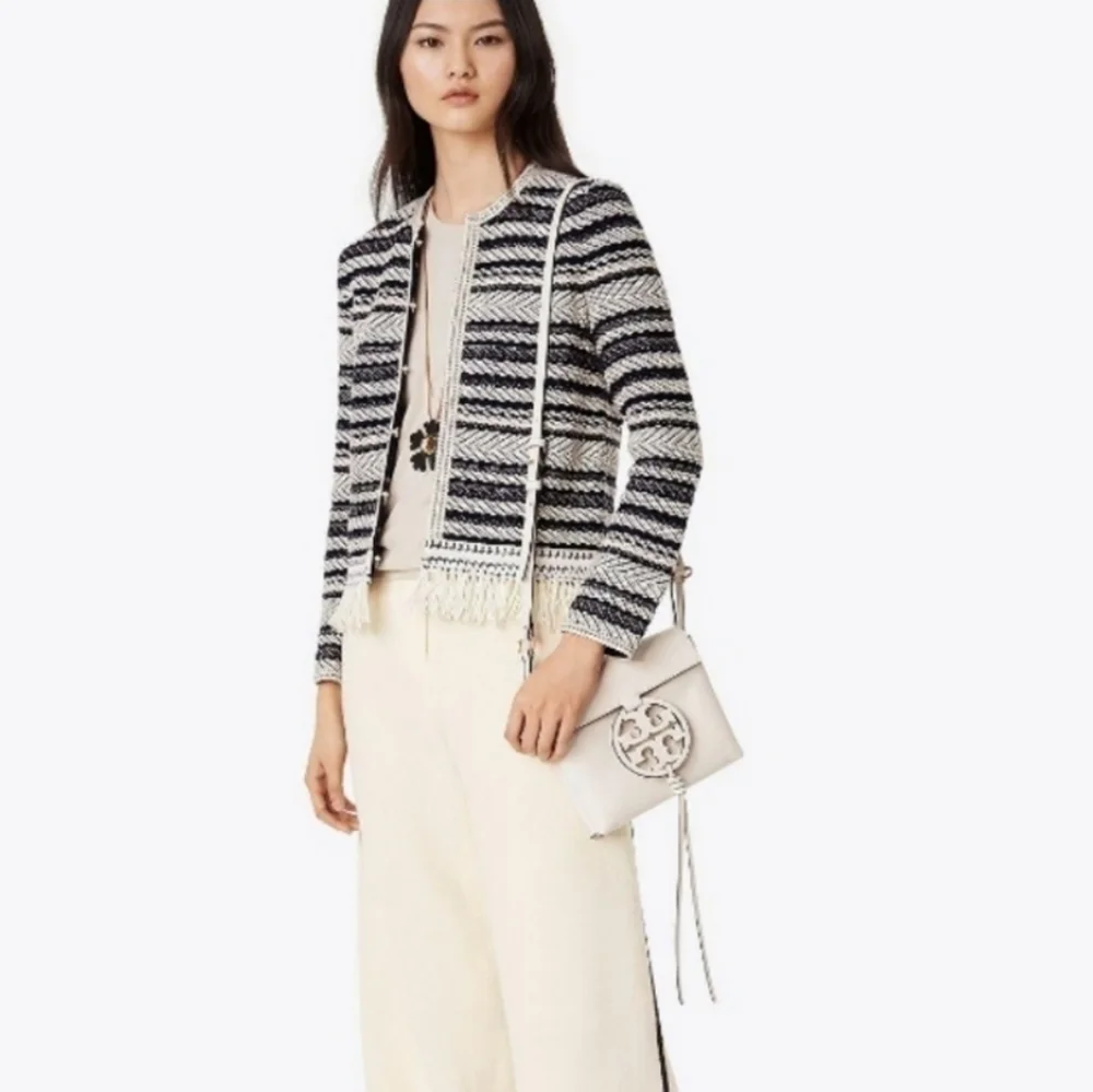 Tory Burch Navy & Cream Payton Fringe Cardigan Sweater M